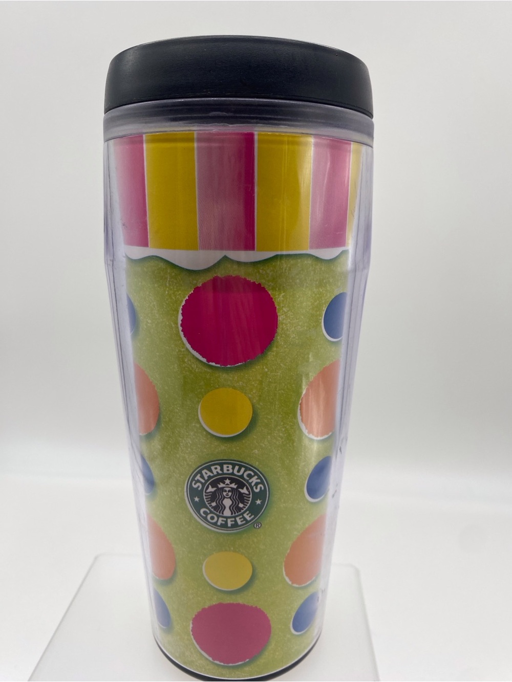 2002 Starbucks Lime Green Tumbler with Pink Yellow Blue Polka Dots